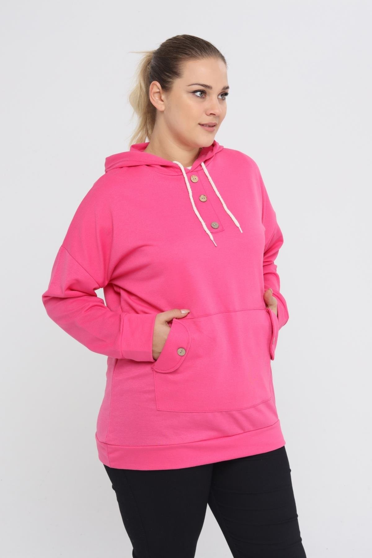 Kapüşonlu Kanguru Cepli Likralı Düğme Detaylı Uzun Hoodie Sweatshirt