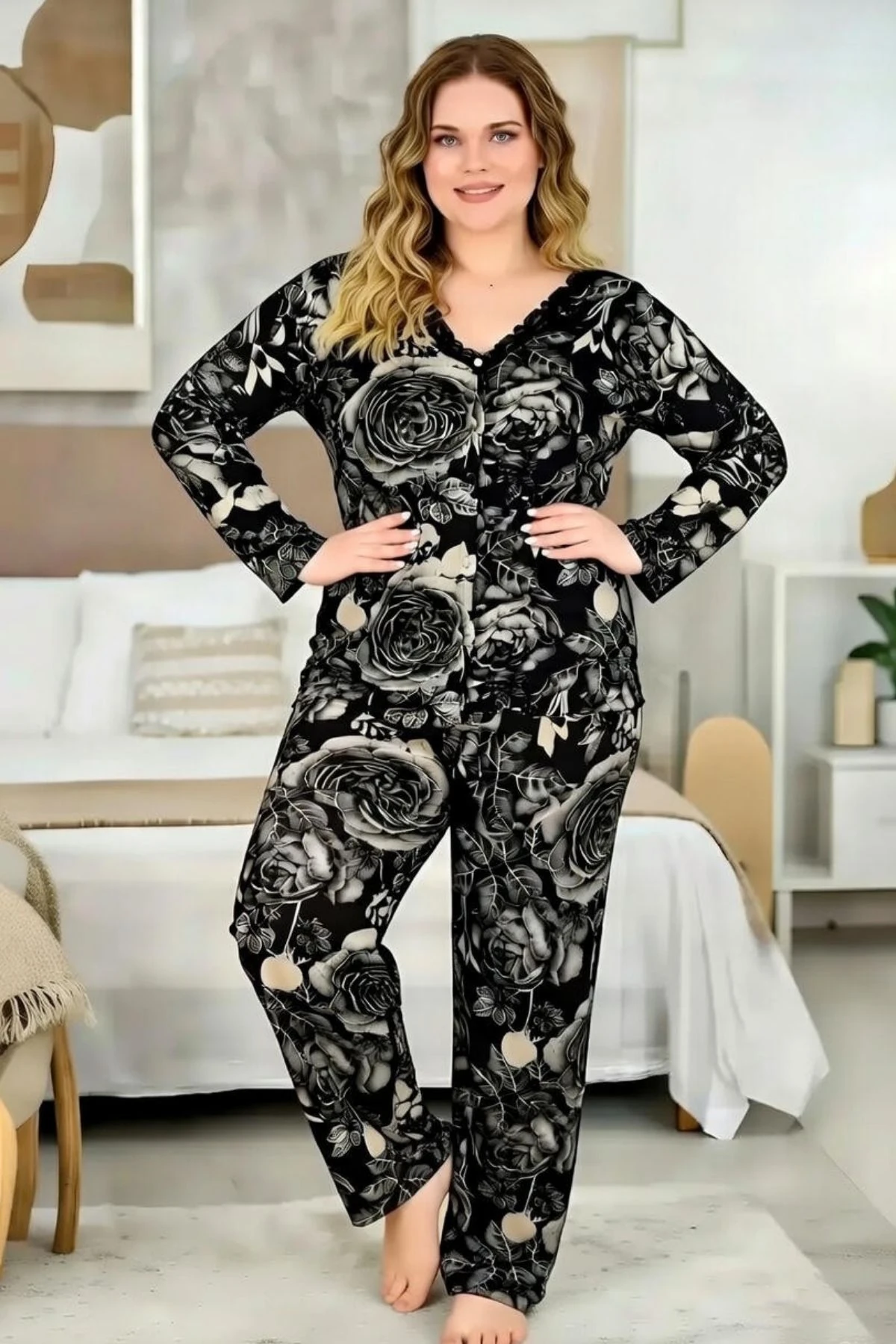 Büyük Beden Premium Comfort Serisi Pamuklu Yumuşak Dokulu Önden Düğmeli Dantelli Lüks Pijama Takımı
