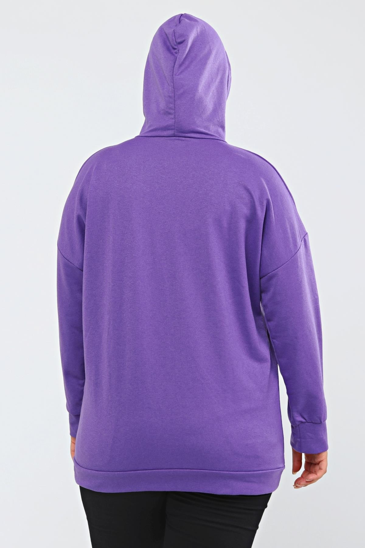 Kapüşonlu Kanguru Cepli Likralı Düğme Detaylı Uzun Hoodie Sweatshirt