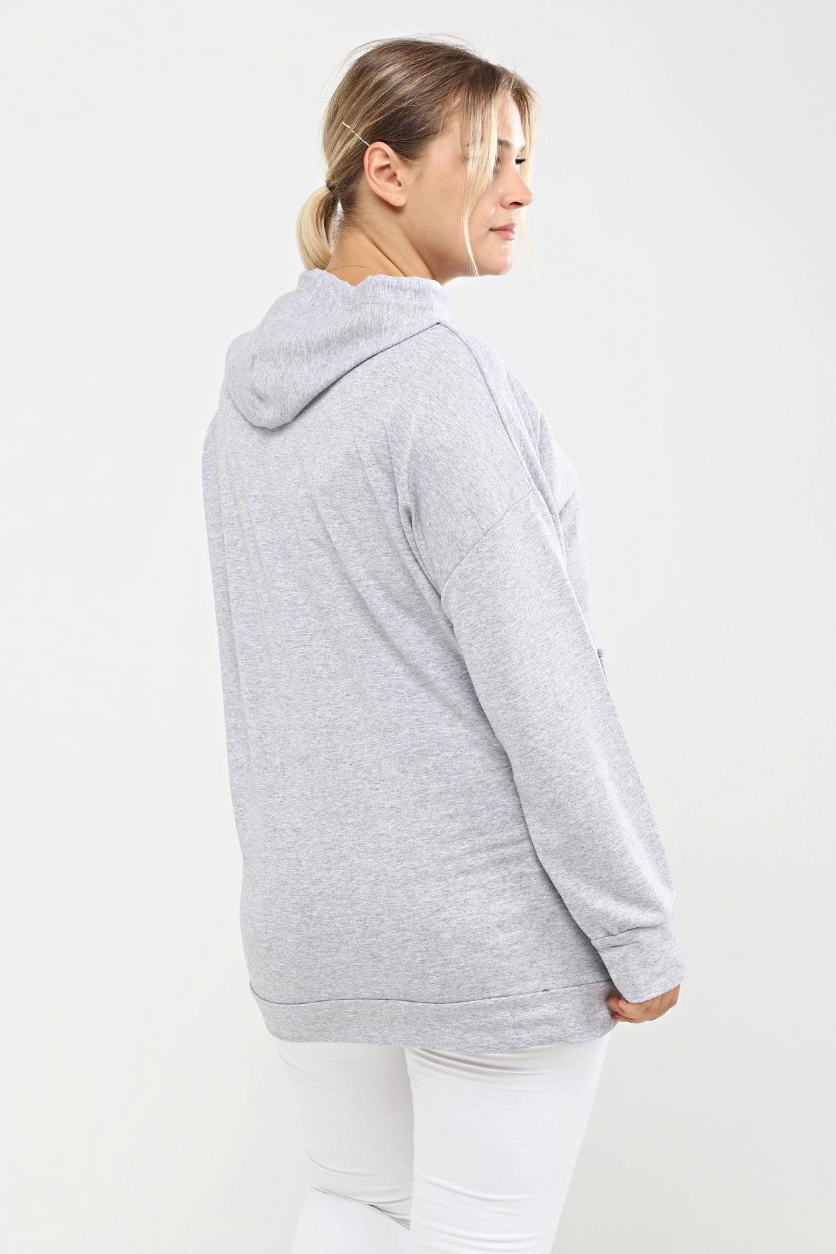 Kapüşonlu Kanguru Cepli Likralı Düğme Detaylı Uzun Hoodie Sweatshirt