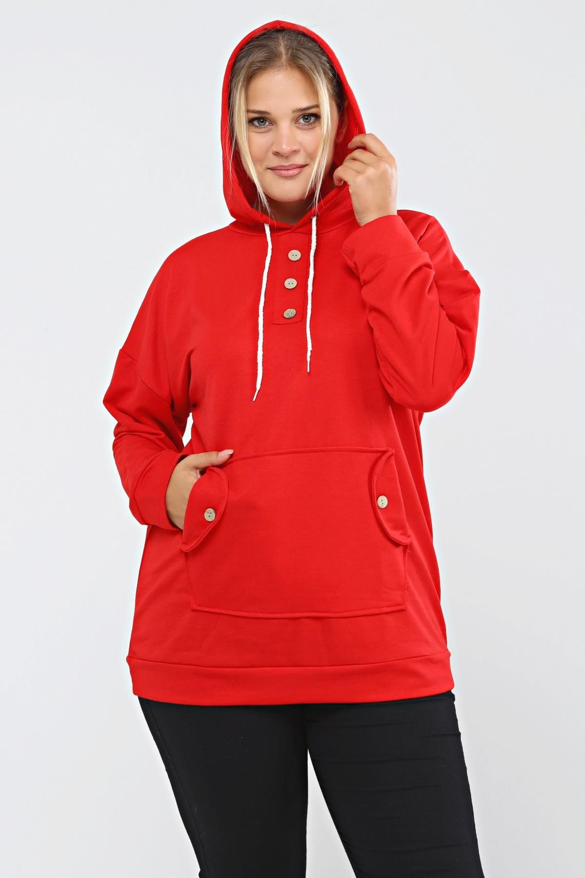 Kapüşonlu Kanguru Cepli Likralı Düğme Detaylı Uzun Hoodie Sweatshirt