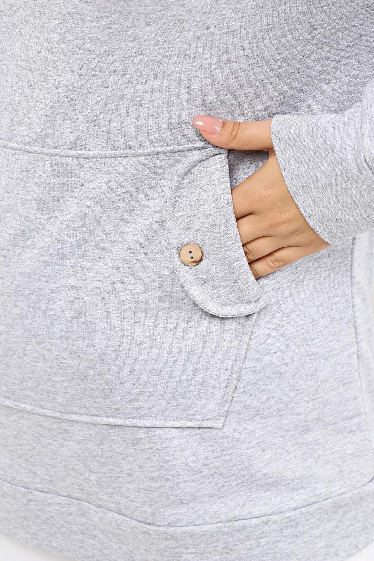 Kapüşonlu Kanguru Cepli Likralı Düğme Detaylı Uzun Hoodie Sweatshirt