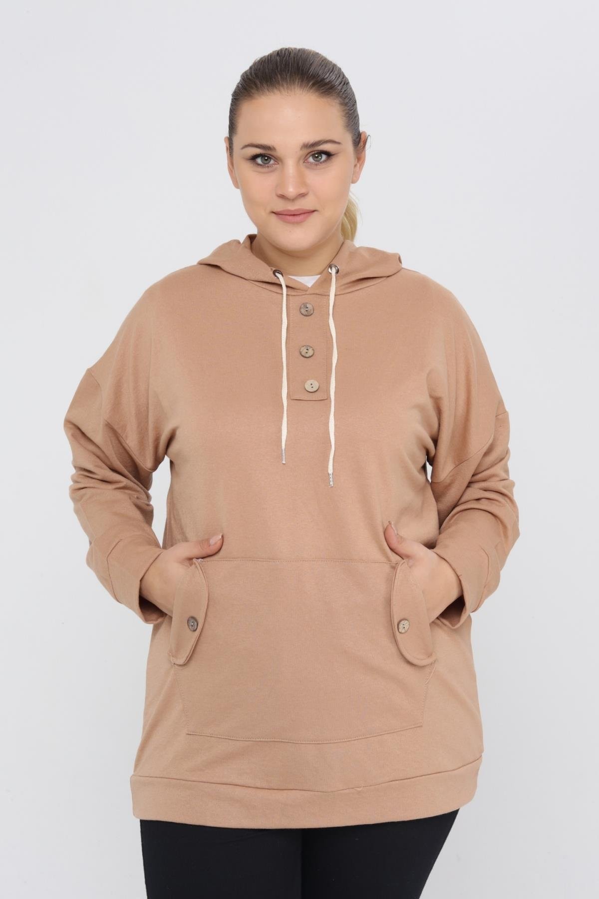 Kapüşonlu Kanguru Cepli Likralı Düğme Detaylı Uzun Hoodie Sweatshirt