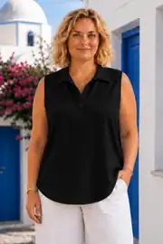 Büyük Beden Kadın Modal Kumaş Polo Yaka Patlı Kolsuz Bluz