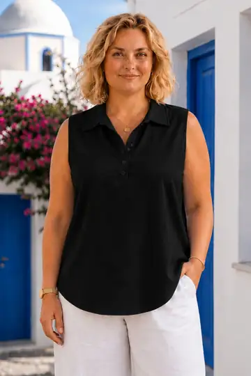 Büyük Beden Kadın Modal Kumaş Polo Yaka Patlı Kolsuz Bluz