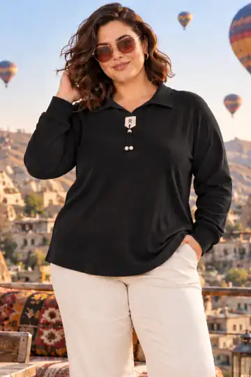 Kadın Büyük Beden Kristal Kumaş Polo Yaka Uzun Kollu Bluz - Siyah