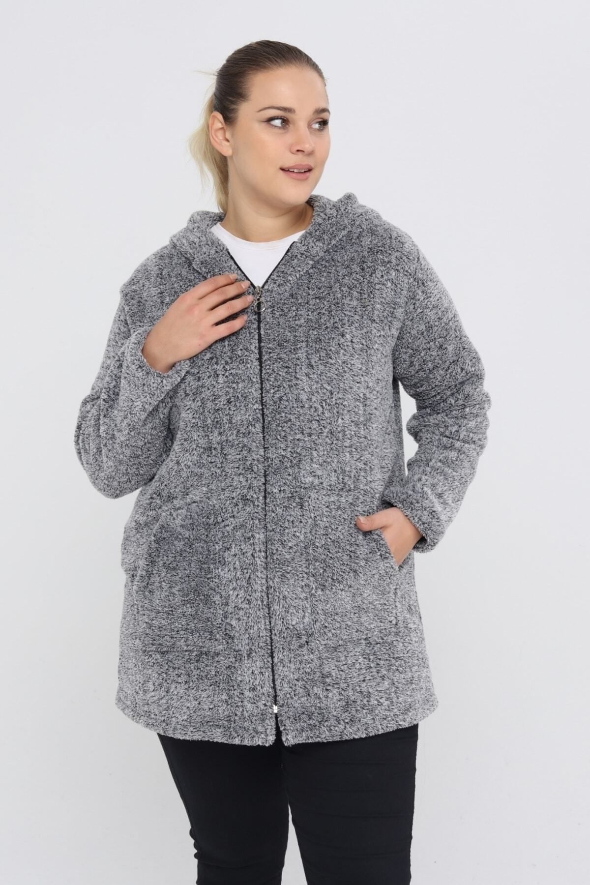 Büyük Beden Sıcak Tutan Peluş Sweat Fermuarlı Kapüşonlu 2 Cepli Örme Peluş Polar Sweatshirt