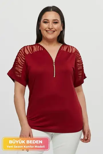 Büyük Beden Transparan Kollu Fermuarlı Kısa Kollu Penye Tunik T-Shirt - Şık Konfor Modeli - Bordo