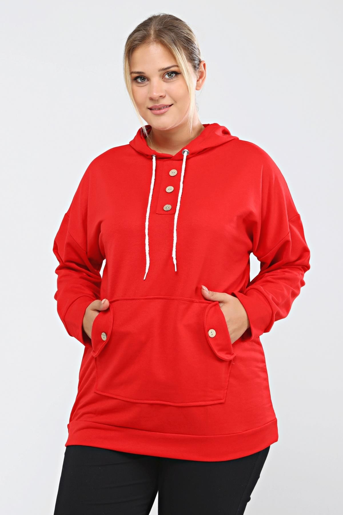 Kapüşonlu Kanguru Cepli Likralı Düğme Detaylı Uzun Hoodie Sweatshirt