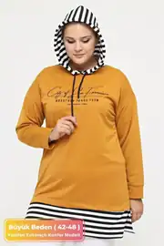 Büyük Beden %100 Pamuklu Baharlık Yanı Yırtmaçlı Konfor Modeli Çizgi Detaylı Kapüşonlu Sweatshirt - Sarı