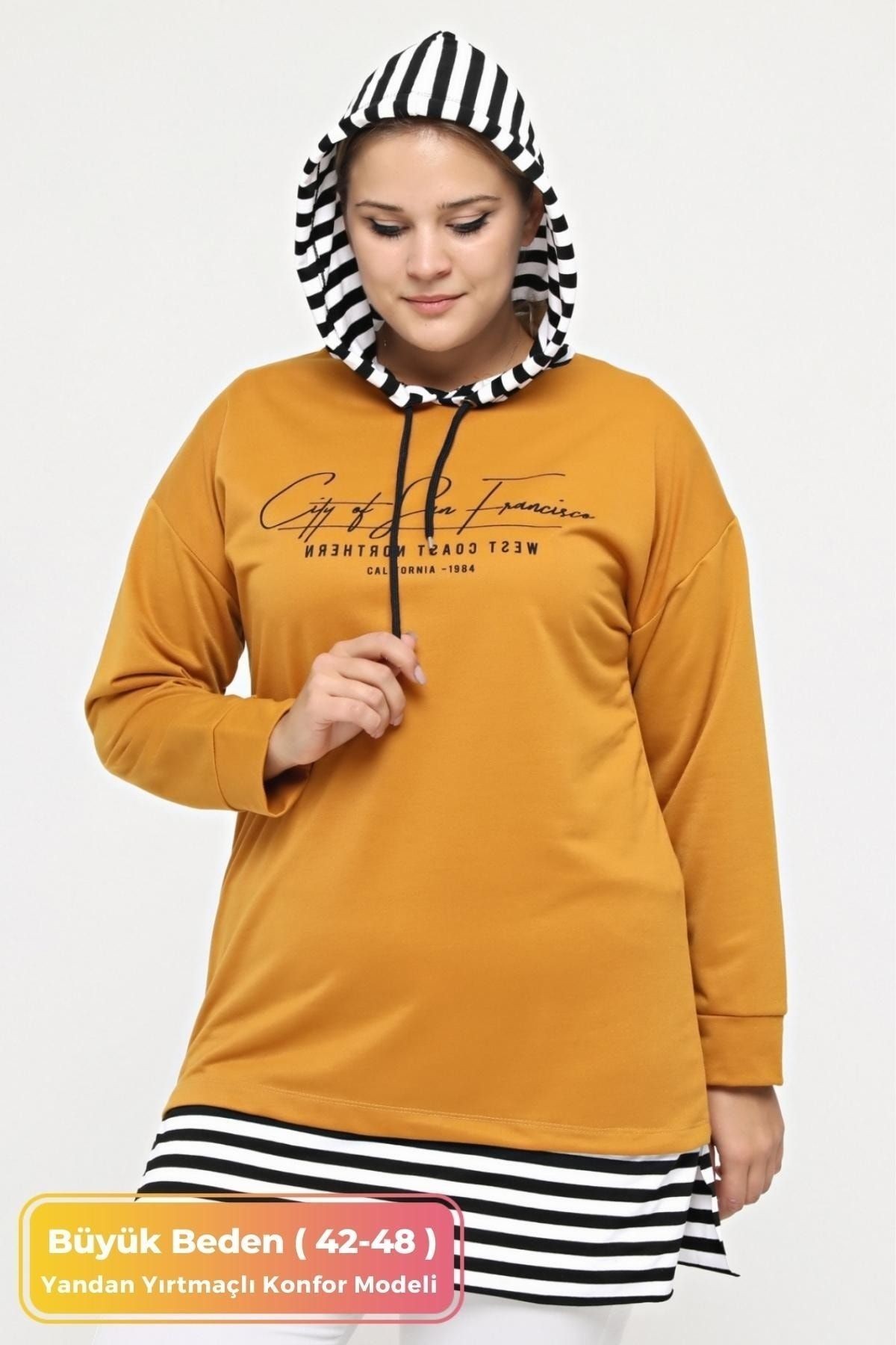 Büyük Beden %100 Pamuklu Baharlık Yanı Yırtmaçlı Konfor Modeli Çizgi Detaylı Kapüşonlu Sweatshirt - Sarı