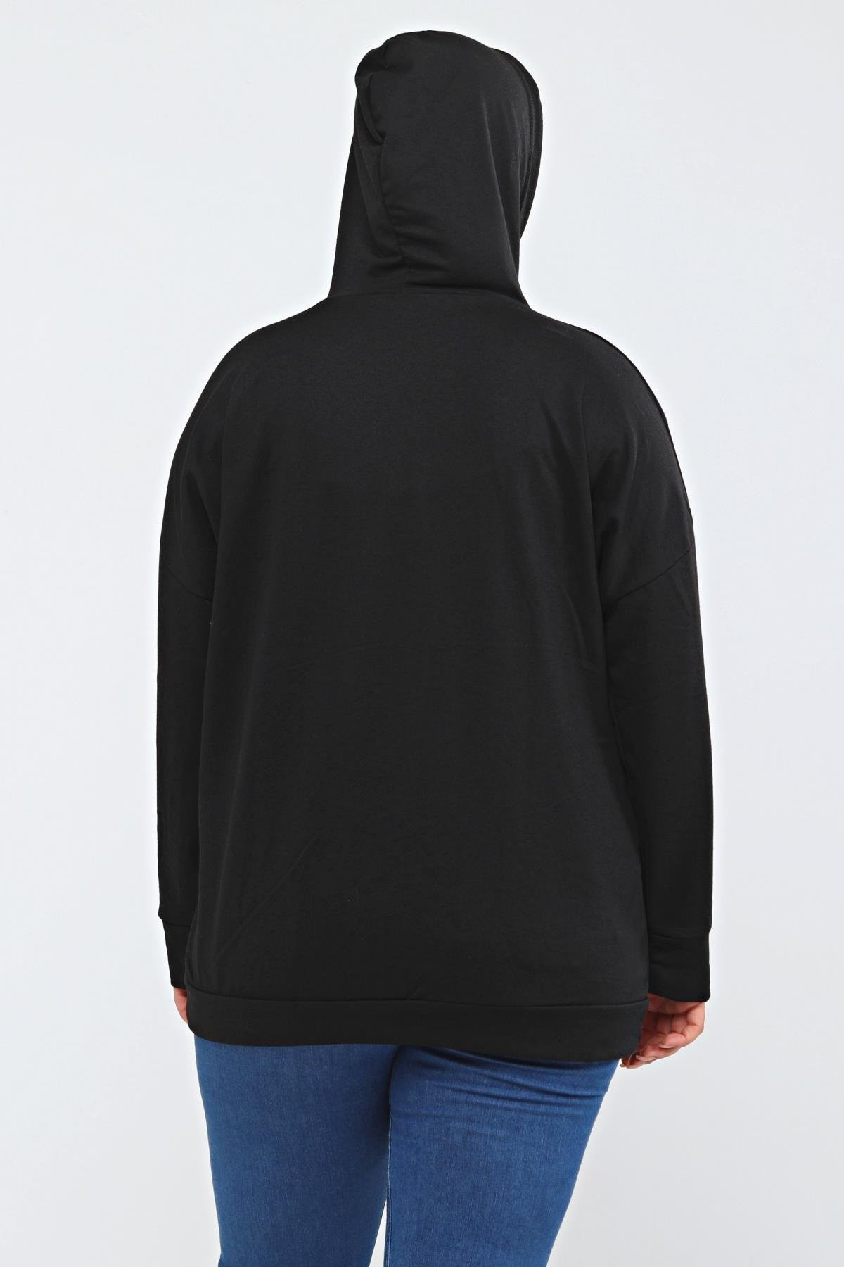 Kapüşonlu Kanguru Cepli Likralı Düğme Detaylı Uzun Hoodie Sweatshirt