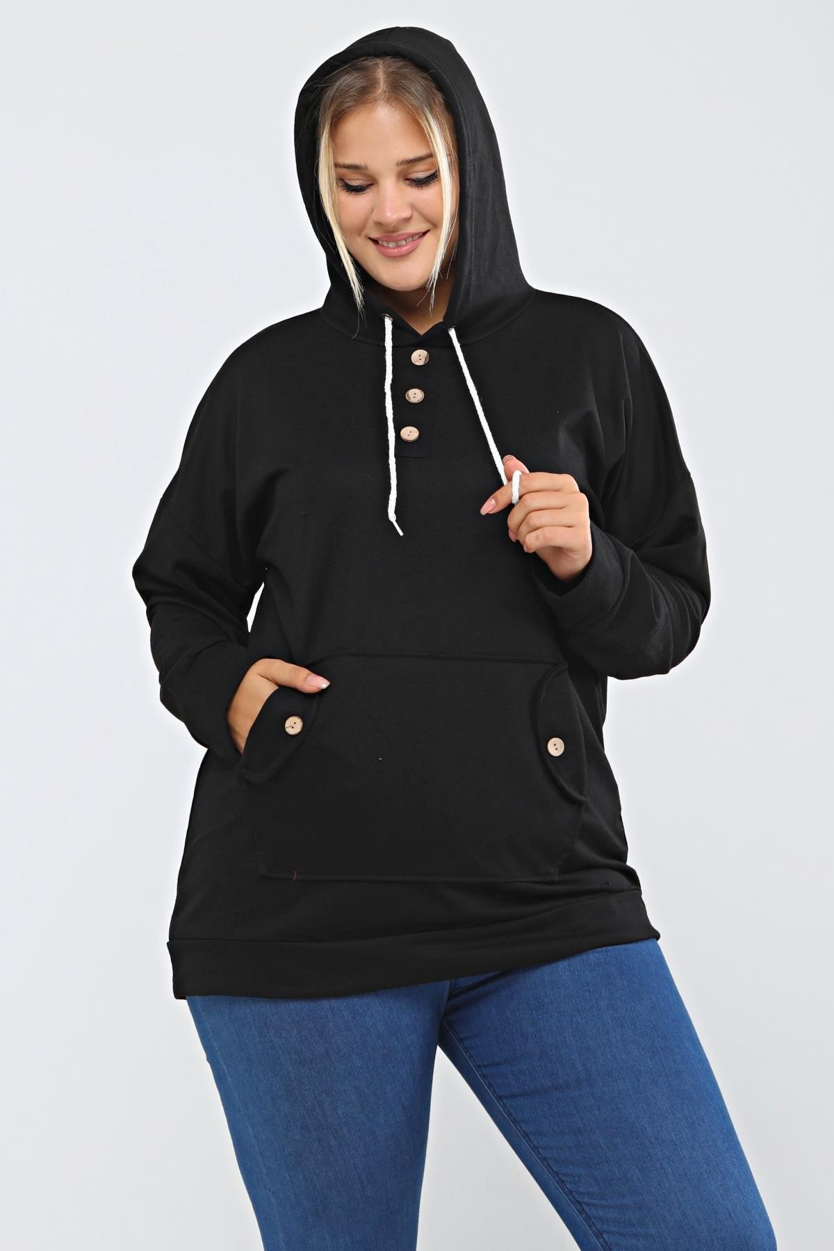 Kapüşonlu Kanguru Cepli Likralı Düğme Detaylı Uzun Hoodie Sweatshirt