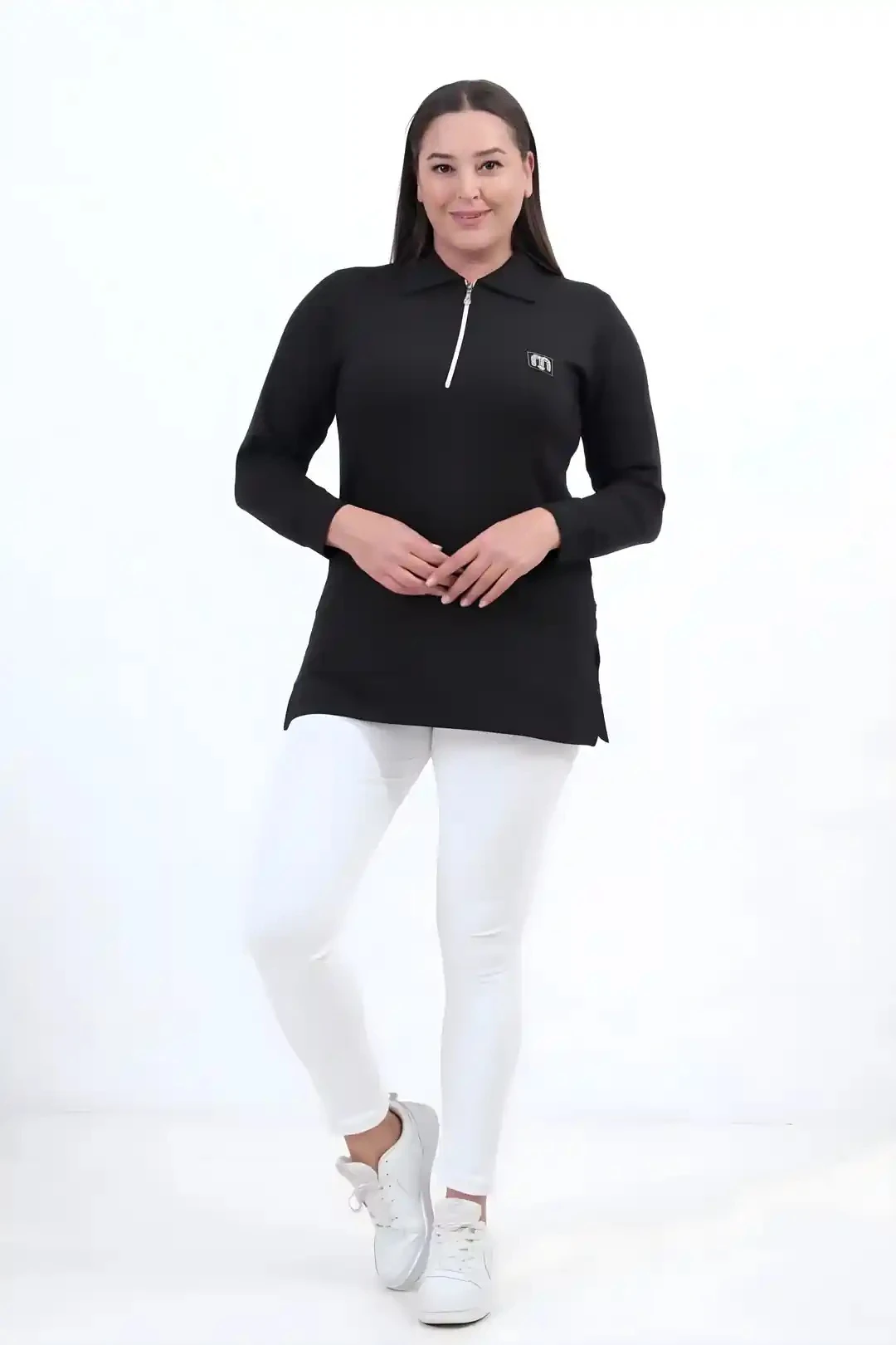 Kadın Büyün Beden Fermuarlı  Polo Yaka Kristal Kumaş  Yırtmaçlı Tesettür Tunik