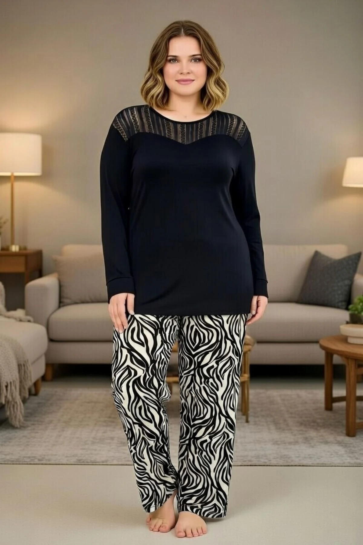 Kadın Büyük Beden Uzun Kollu Pijama Takımı