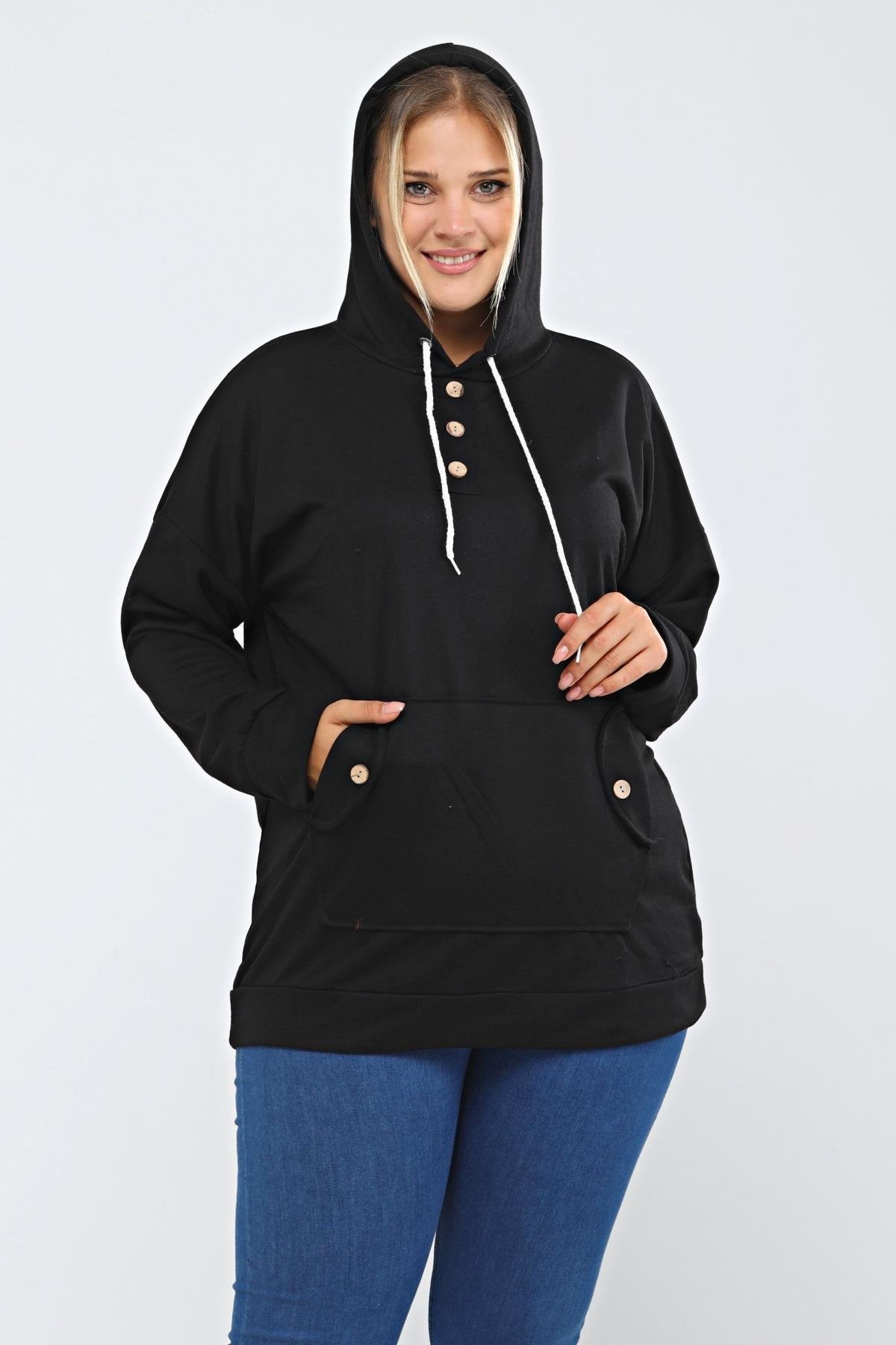 Kapüşonlu Kanguru Cepli Likralı Düğme Detaylı Uzun Hoodie Sweatshirt