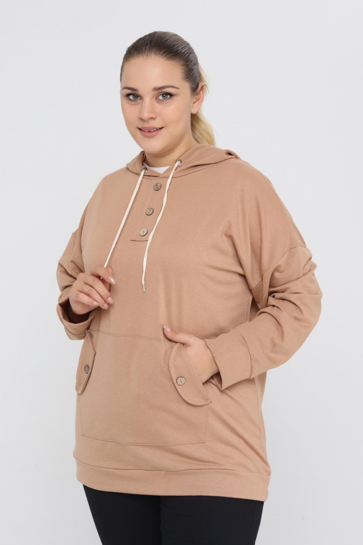 Kapüşonlu Kanguru Cepli Likralı Düğme Detaylı Uzun Hoodie Sweatshirt