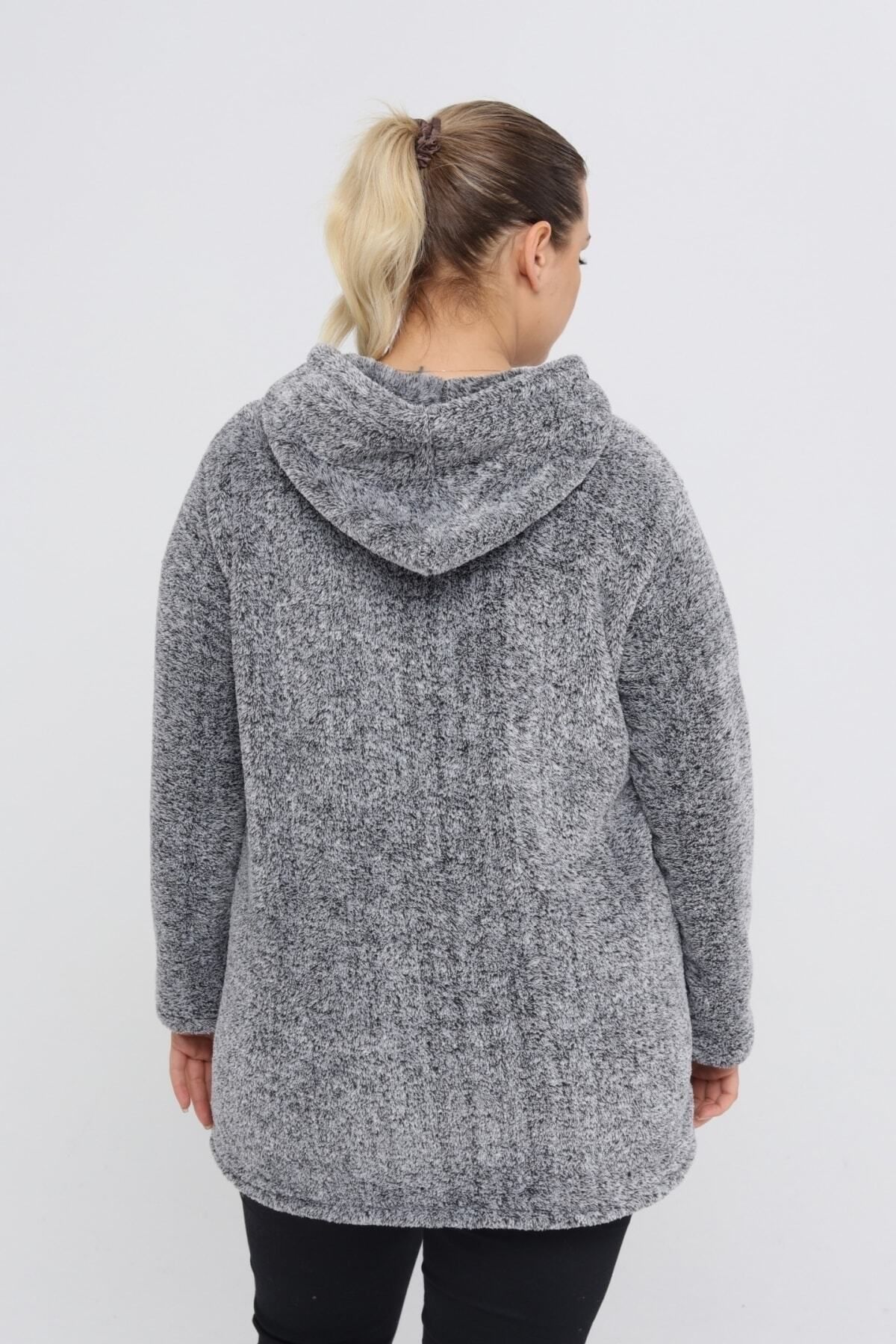 Büyük Beden Sıcak Tutan Peluş Sweat Fermuarlı Kapüşonlu 2 Cepli Örme Peluş Polar Sweatshirt