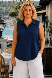Büyük Beden Kadın Modal Kumaş Polo Yaka Patlı Kolsuz Bluz - Lacivert