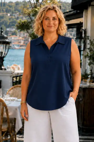 Büyük Beden Kadın Modal Kumaş Polo Yaka Patlı Kolsuz Bluz - Lacivert