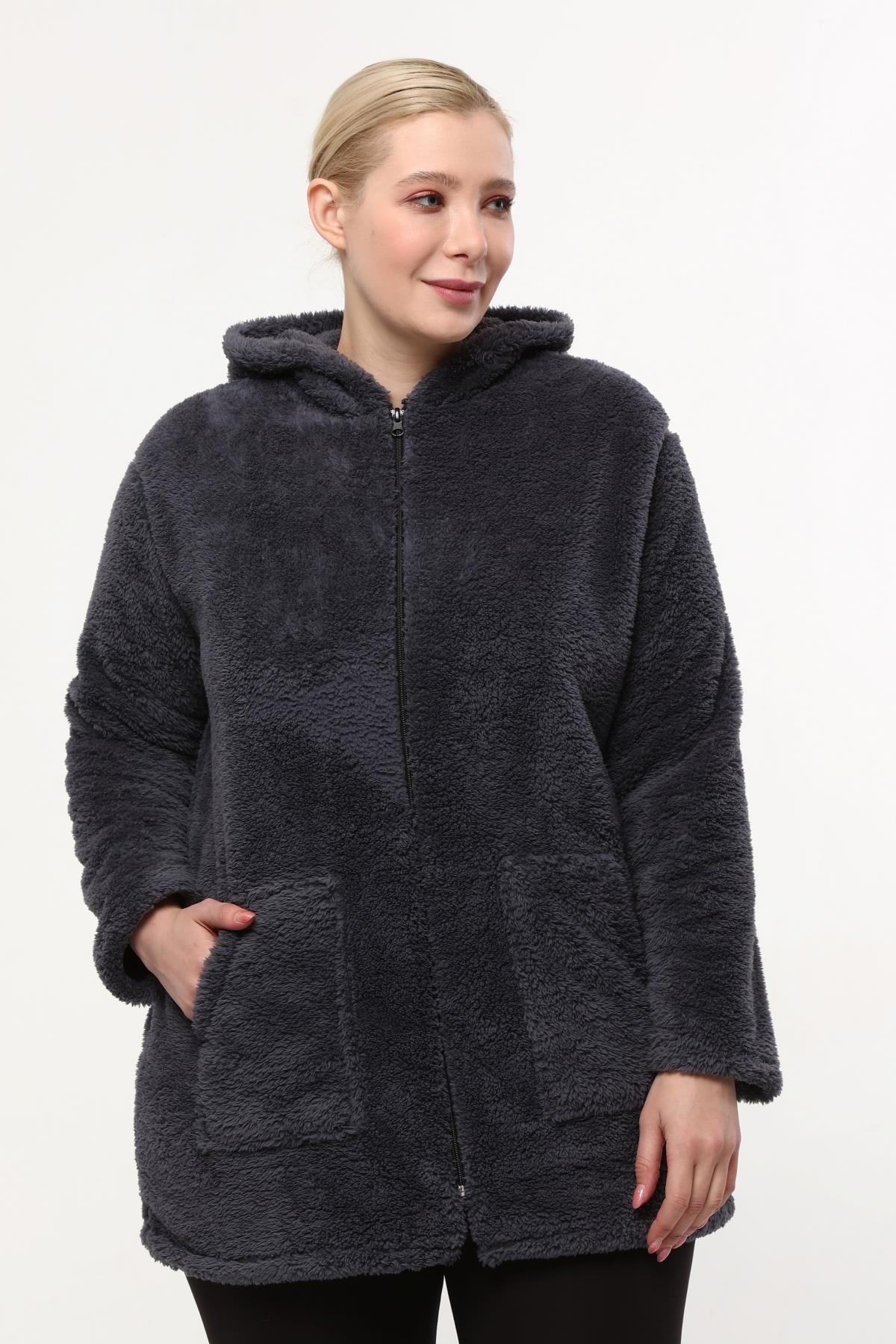 Peluş Sweat Fermuarlı Kapüşonlu 2 Cepli Örme Peluş Polar Sweatshirt