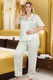 Büyük Beden Lüks Saten Premium Comfort Serisi Yumuşak Dokulu Önden Düğmeli Alt Üst Pijama Takımı - yeşil beyaz
