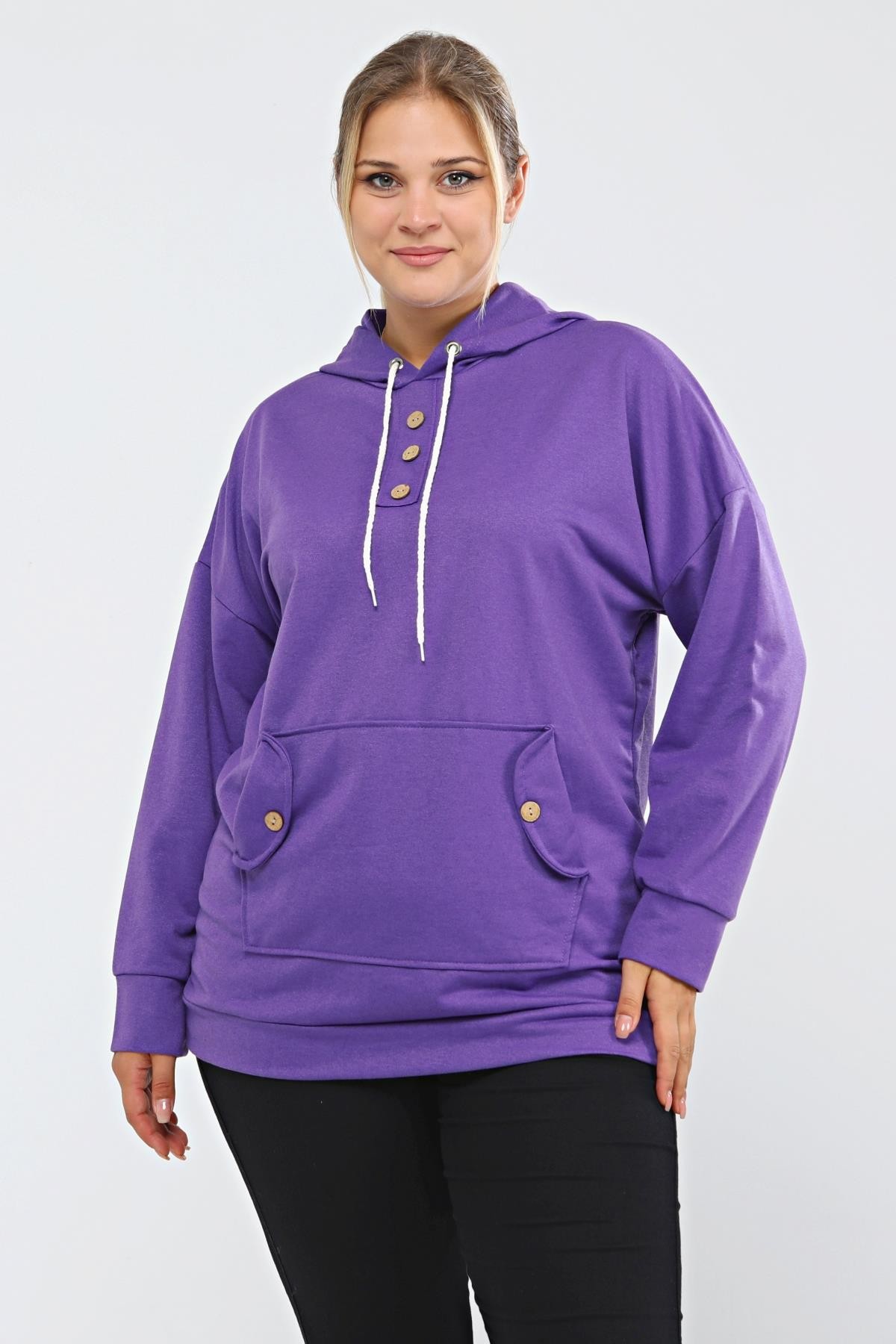 Kapüşonlu Kanguru Cepli Likralı Düğme Detaylı Uzun Hoodie Sweatshirt