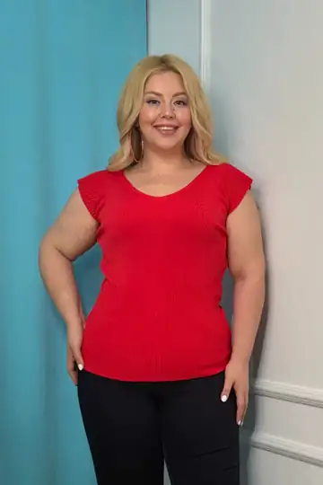 Büyük Beden Yeni Sezon Esnek Konfor Modeli Omuz Kabartmalı Standart Beden Kolsuz Örme Triko Bluz - Kırmızı