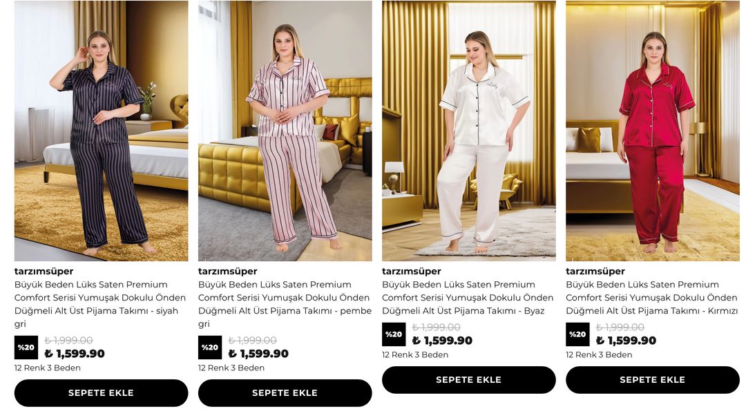Büyük Beden Lüks Saten Premium Comfort Serisi Yumuşak Dokulu Önden Düğmeli Alt Üst Pijama Takımı- siyah gri - Tarzım Süper