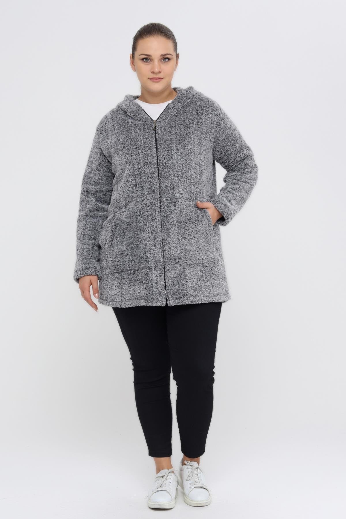 Peluş Sweat Fermuarlı Kapüşonlu 2 Cepli Örme Peluş Polar Sweatshirt