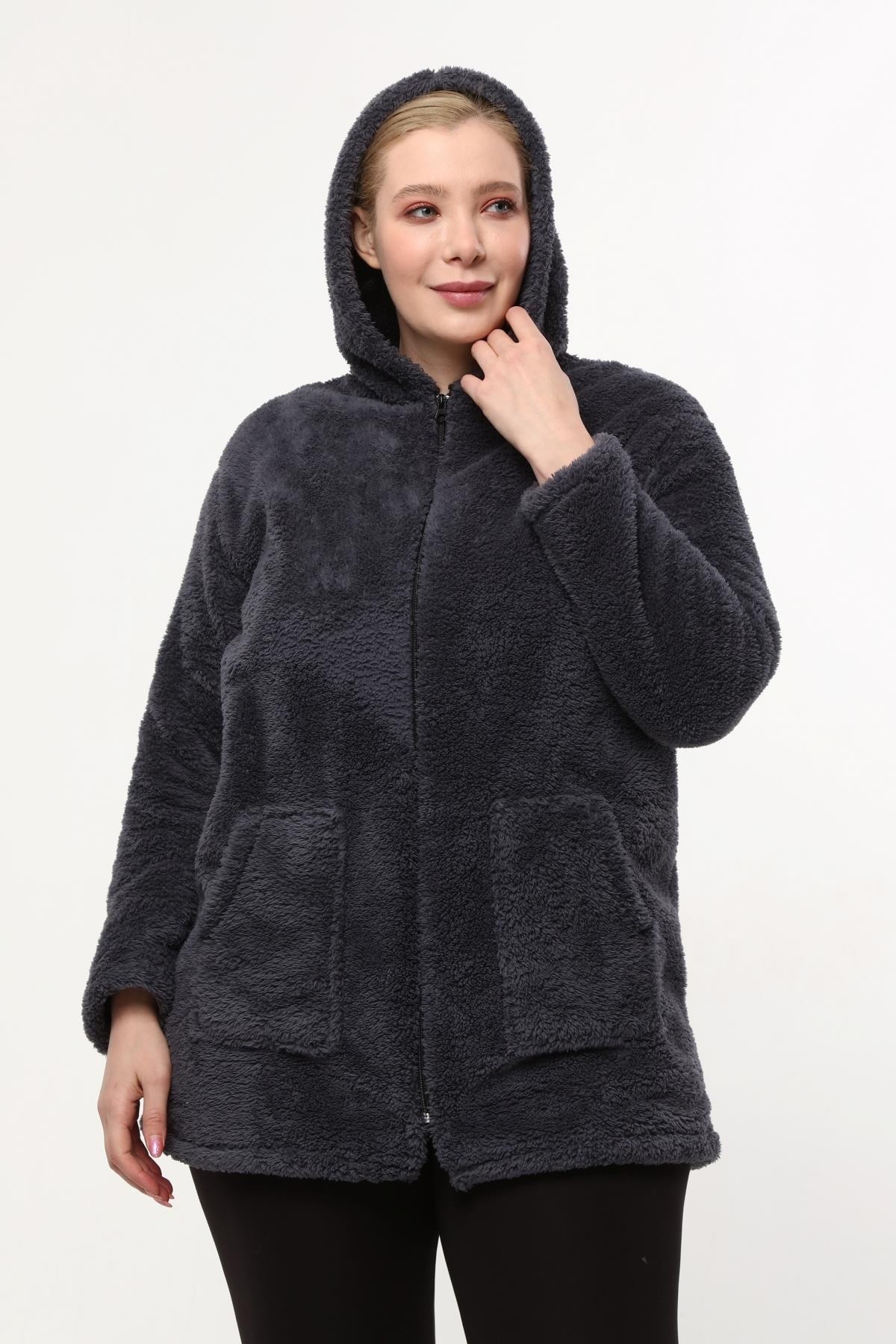 Peluş Sweat Fermuarlı Kapüşonlu 2 Cepli Örme Peluş Polar Sweatshirt