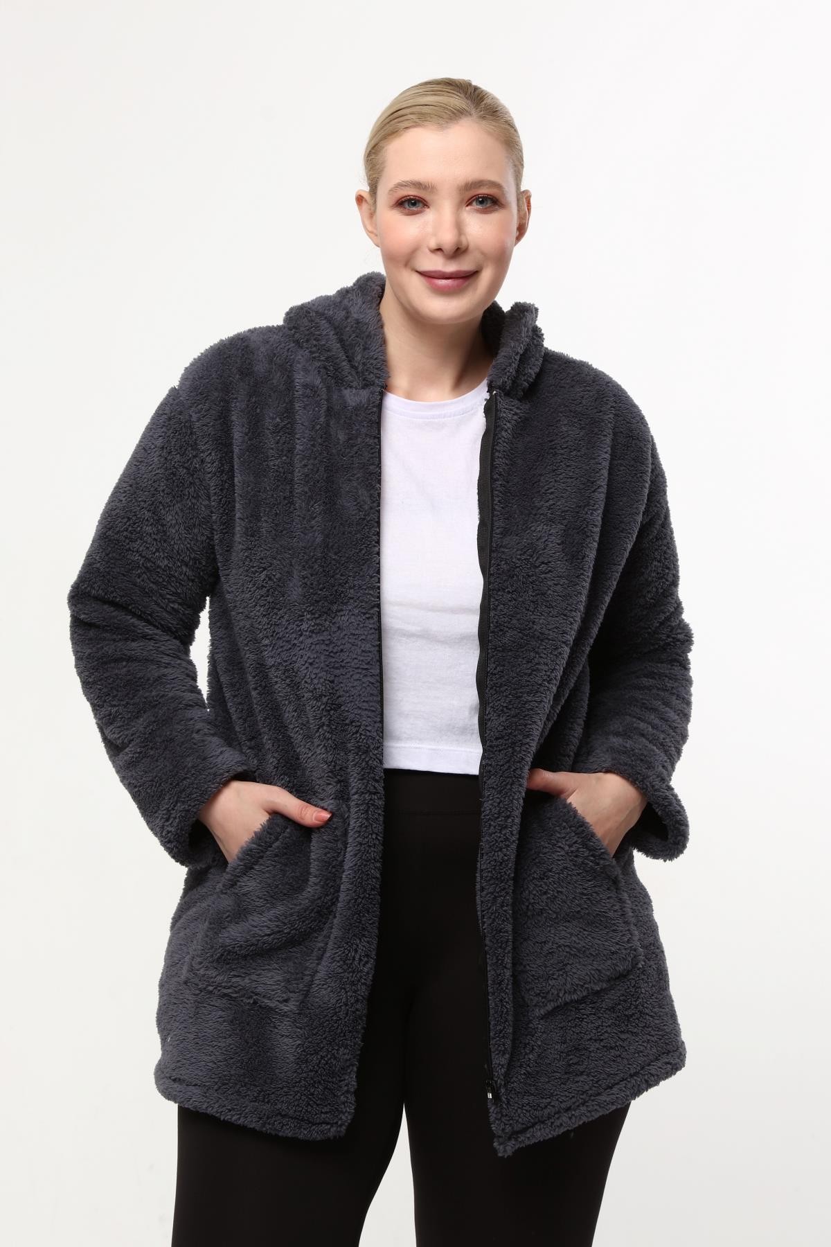 Peluş Sweat Fermuarlı Kapüşonlu 2 Cepli Örme Peluş Polar Sweatshirt