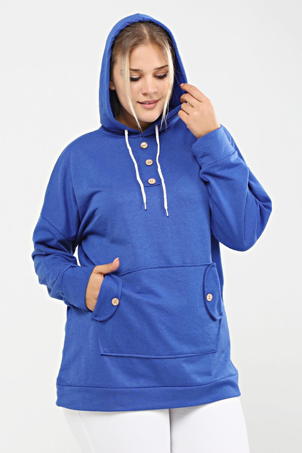 Kapüşonlu Kanguru Cepli Likralı Düğme Detaylı Uzun Hoodie Sweatshirt