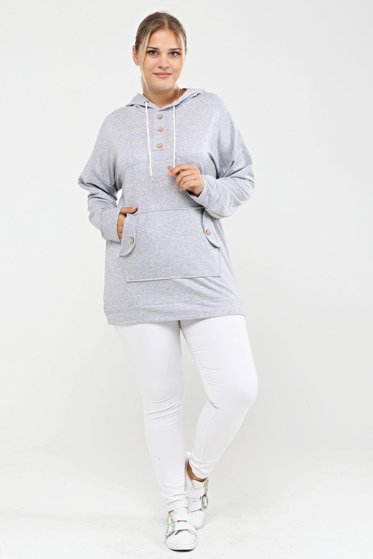 Kapüşonlu Kanguru Cepli Likralı Düğme Detaylı Uzun Hoodie Sweatshirt