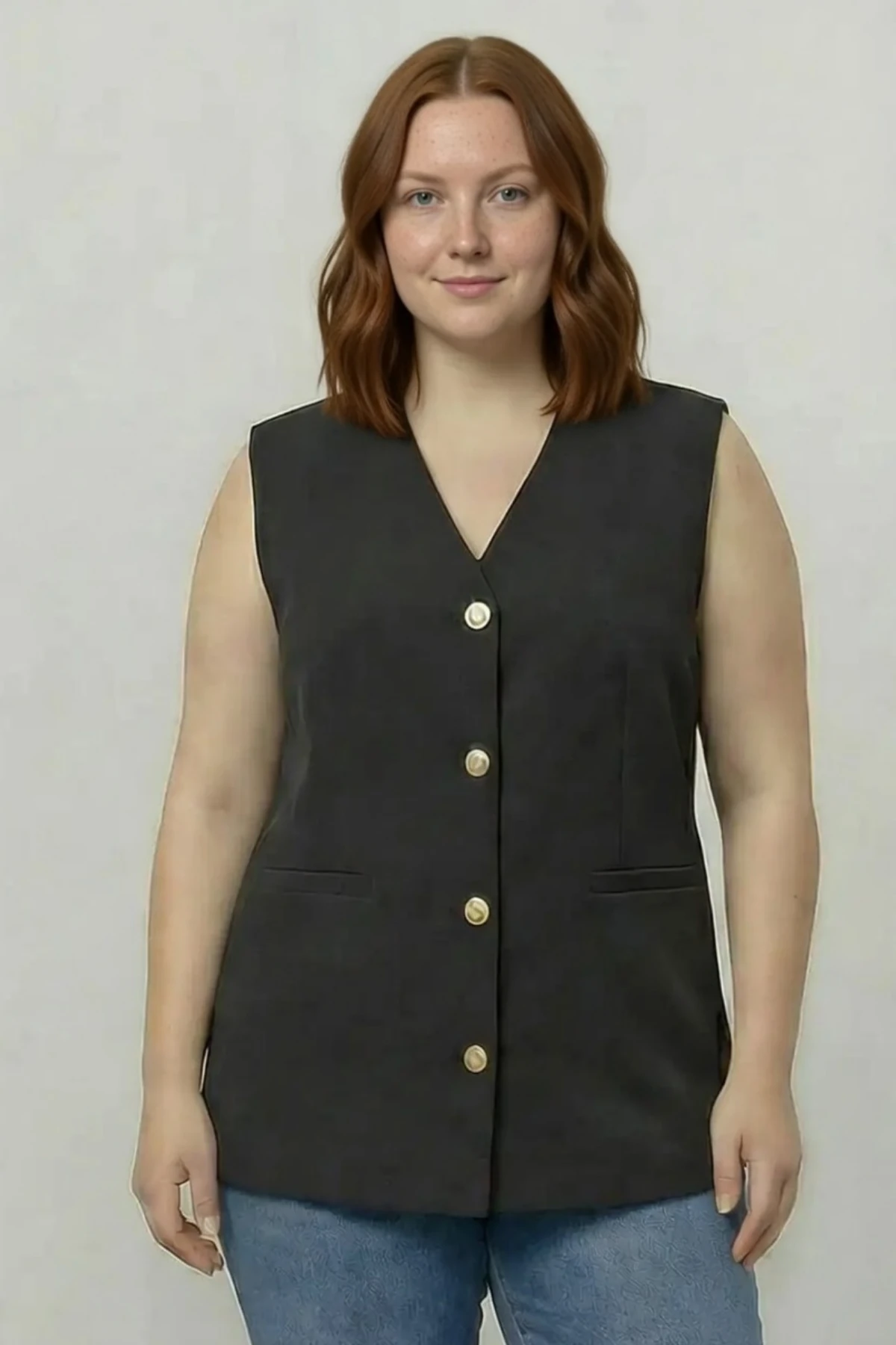 Premium Seri Kadın Büyük Beden Oversize Düğmeli Blazer Yelek  Siyah – Astarlı Şık Model Cepken