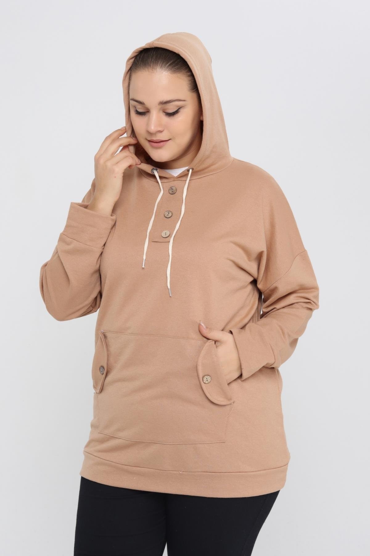 Kapüşonlu Kanguru Cepli Likralı Düğme Detaylı Uzun Hoodie Sweatshirt