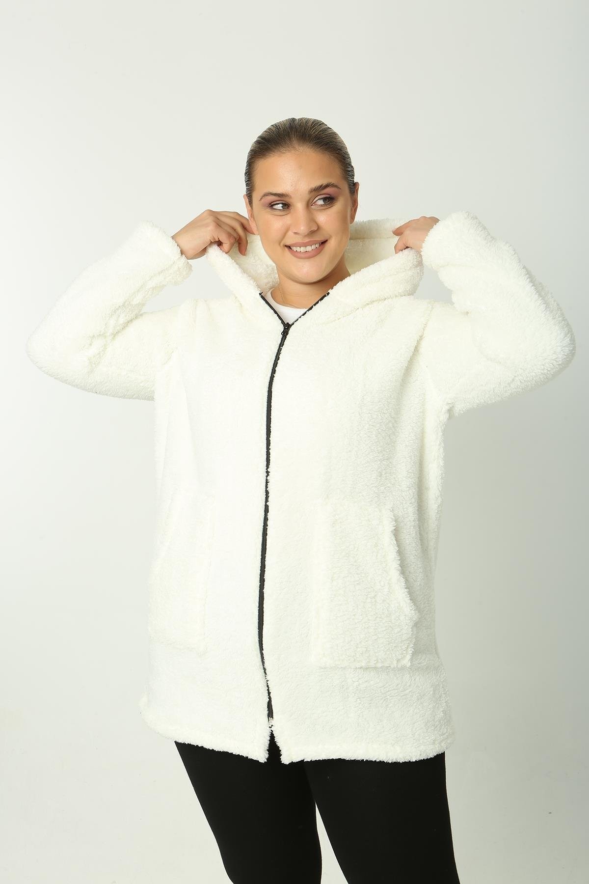 Peluş Sweat Fermuarlı Kapüşonlu 2 Cepli Örme Peluş Polar Sweatshirt