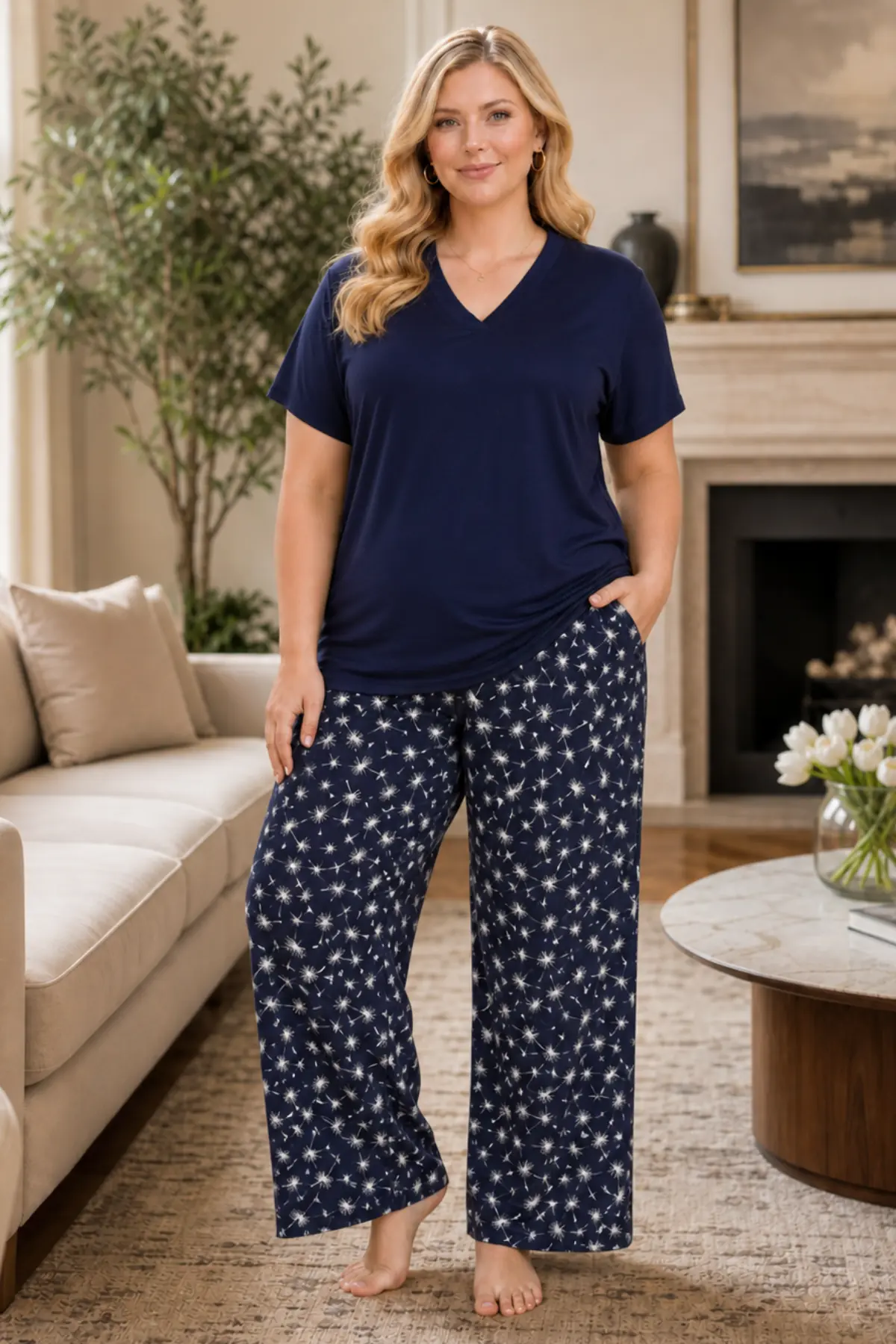 Büyük Beden V Yaka Desenli Alt İkili Pijama Takımı