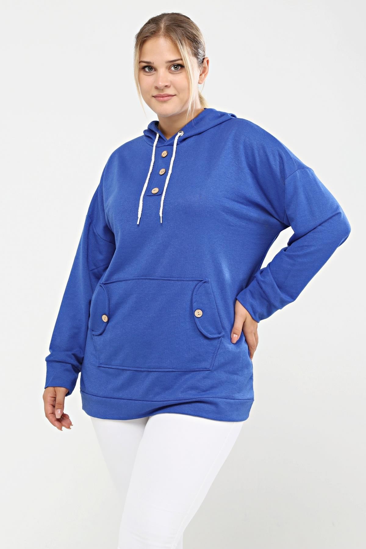 Kapüşonlu Kanguru Cepli Likralı Düğme Detaylı Uzun Hoodie Sweatshirt