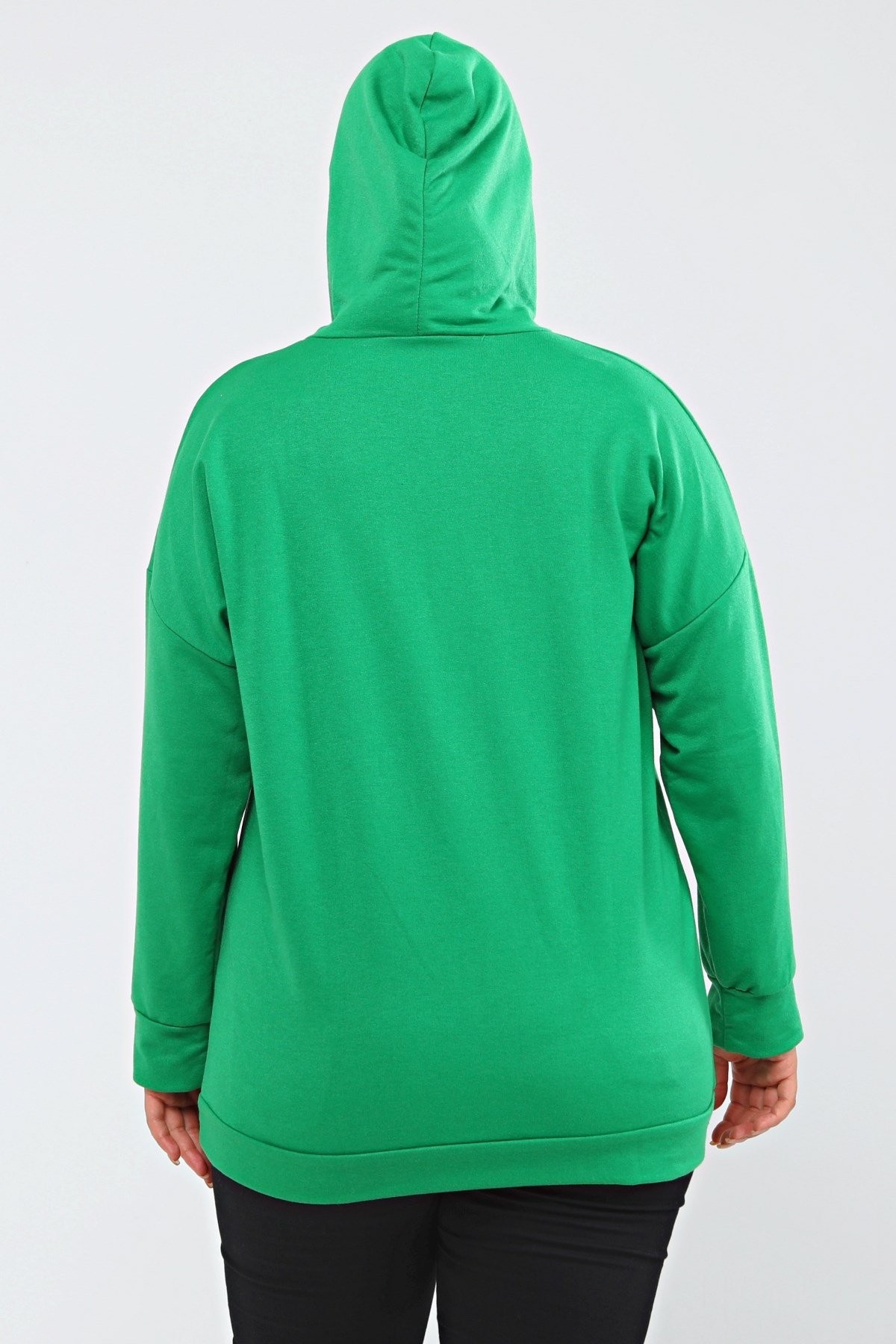 Kapüşonlu Kanguru Cepli Likralı Düğme Detaylı Uzun Hoodie Sweatshirt