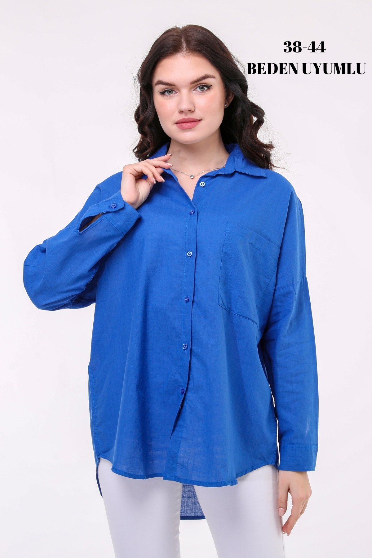 Kadın Oversize Yeni Sezon Konfor Modeli Cepli Keten 4 Mevsim Geniş Kalıp Uzun Kollu Düz Gömlek