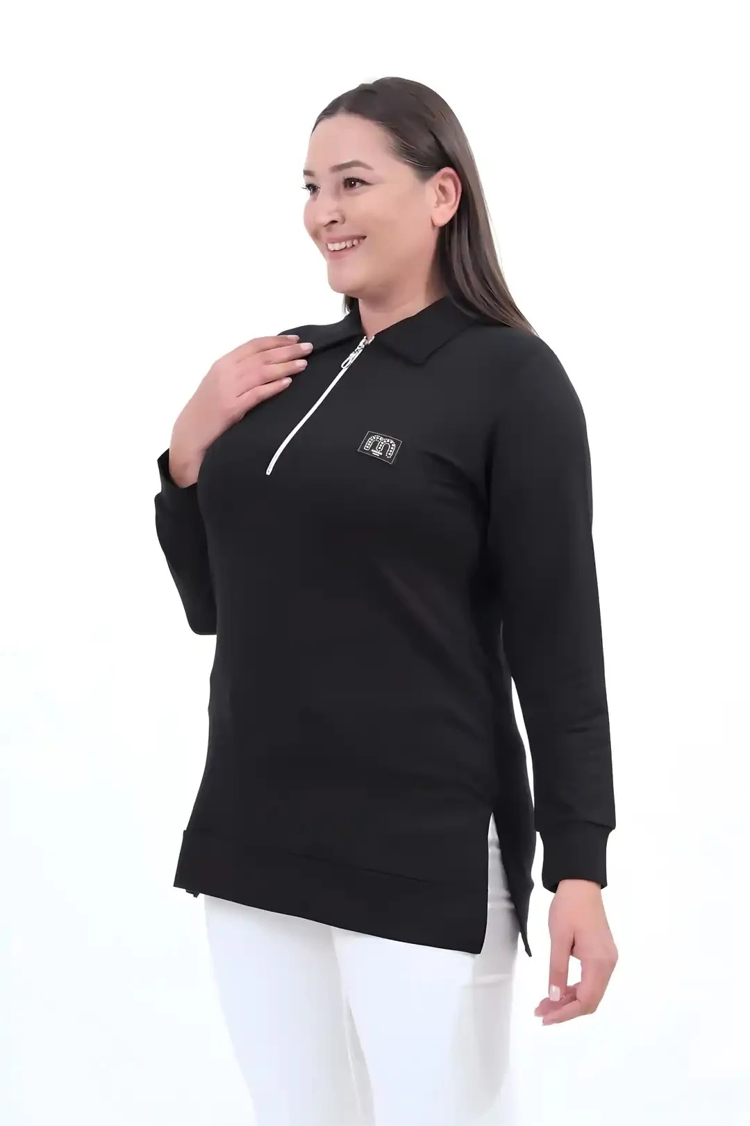 Kadın Büyün Beden Fermuarlı  Polo Yaka Kristal Kumaş  Yırtmaçlı Tesettür Tunik