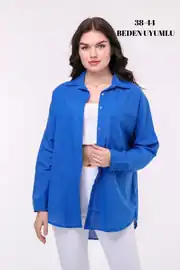 Kadın Oversize Yeni Sezon Konfor Modeli Cepli Keten 4 Mevsim Geniş Kalıp Uzun Kollu Düz Gömlek - Mavi