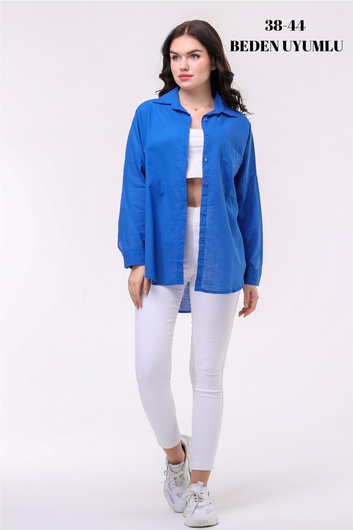 Kadın Oversize Yeni Sezon Konfor Modeli Cepli Keten 4 Mevsim Geniş Kalıp Uzun Kollu Düz Gömlek