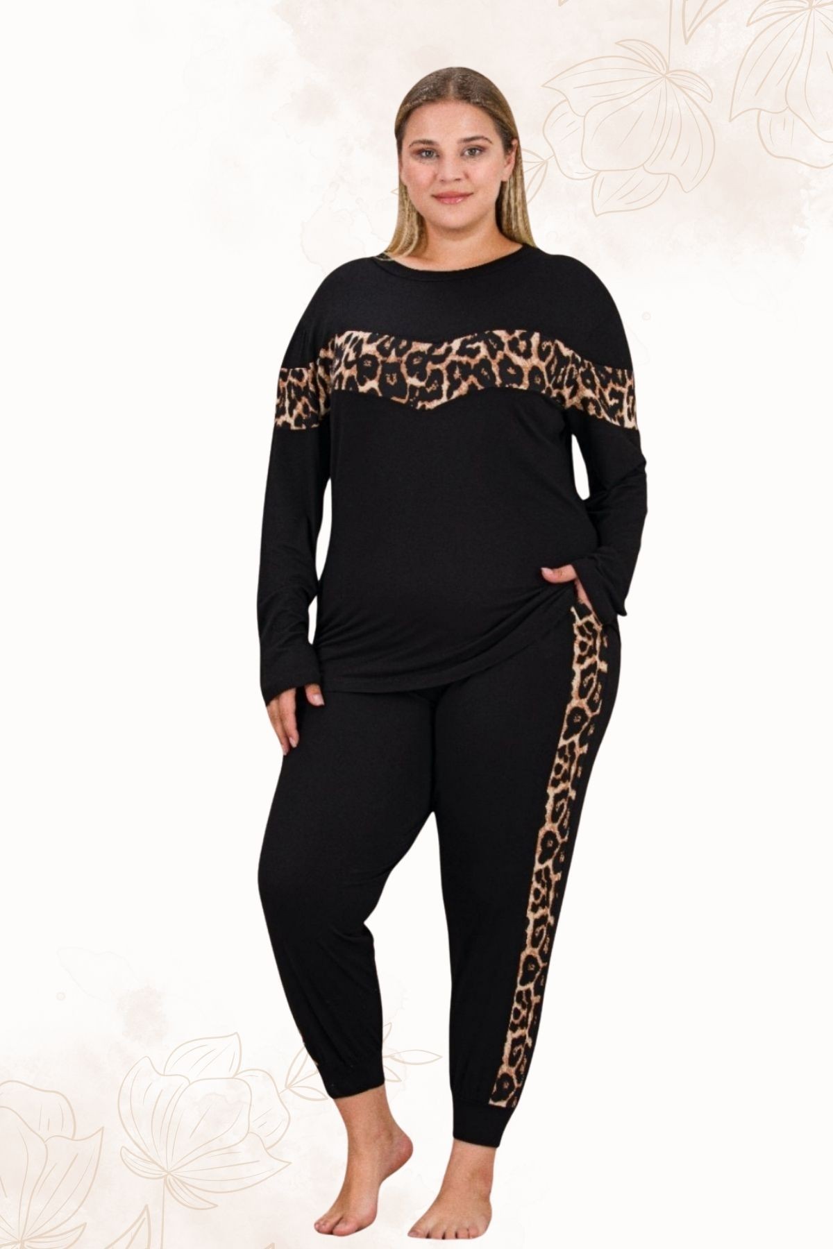 Büyük Beden Kadın  Beli Lastikli Konfor Modeli Uzun Kollu Pamuklu Pijama Takım - siyah-leopar