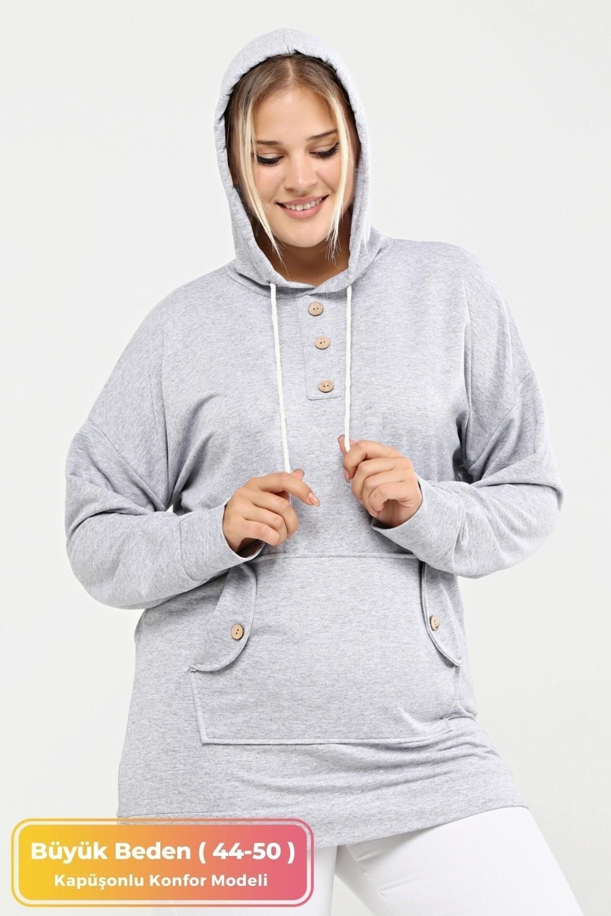 Kadın Büyük Beden Kapüşonlu Kanguru Cepli Likralı Düğme Detaylı Uzun Hoodie Sweatshirt Bej - Gri