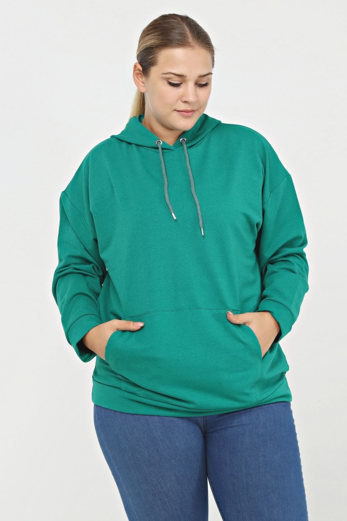 Kadın Büyük Beden Kanguru Cepli Kapüşonlu Hoodie 4 Mevsim Penye Rahat Kalıp Konfor Modeli Sweatshirt