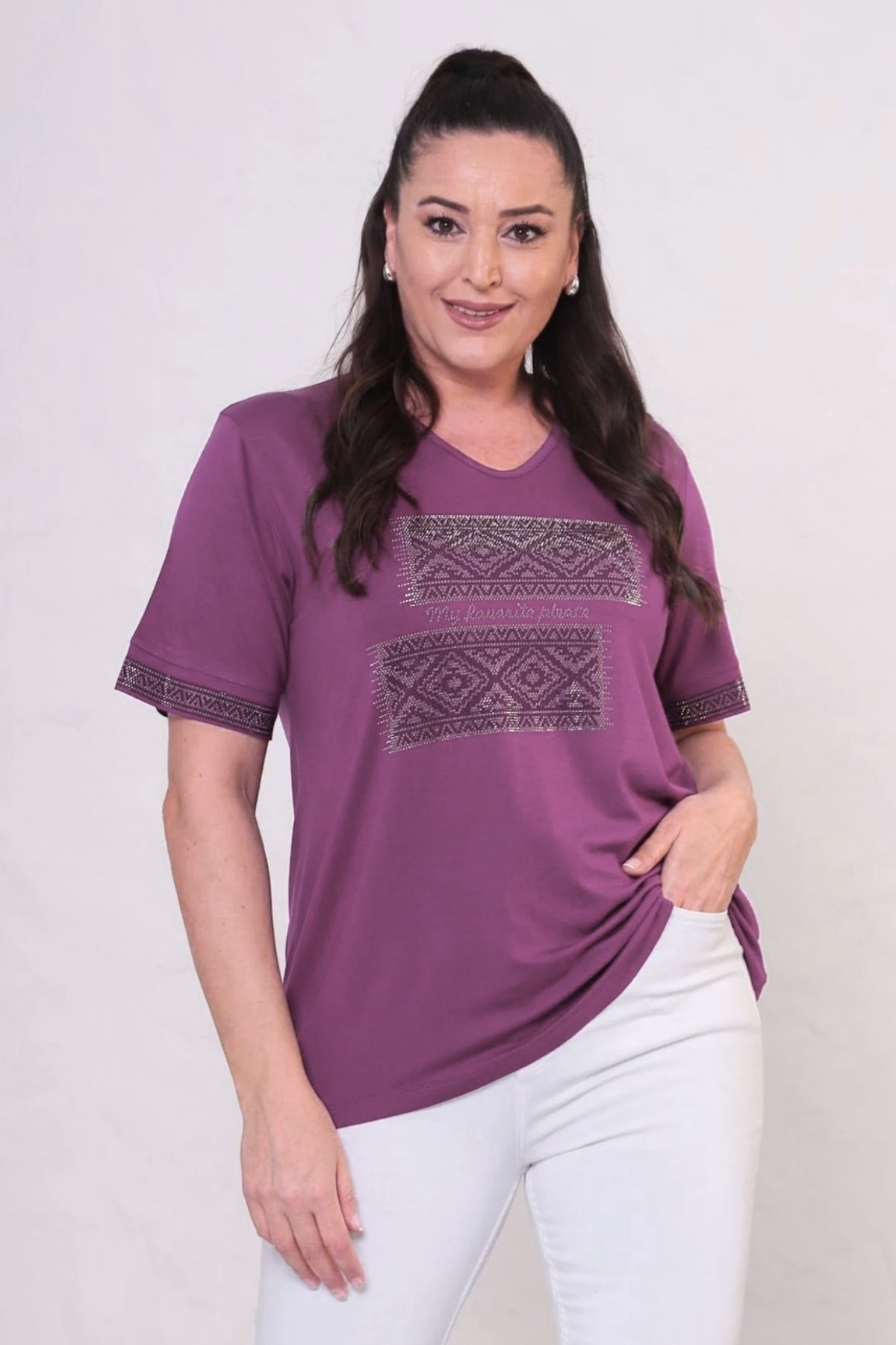 Kadın Büyük Beden Etnik Taş Detaylı  Kısa Kollu T-Shirt - Lila