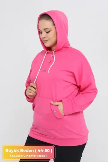 Büyük Beden Bej Kapüşonlu Uzun Hoodie Sweatshirt Kanguru Cepli & Düğme Detaylı - Pembe