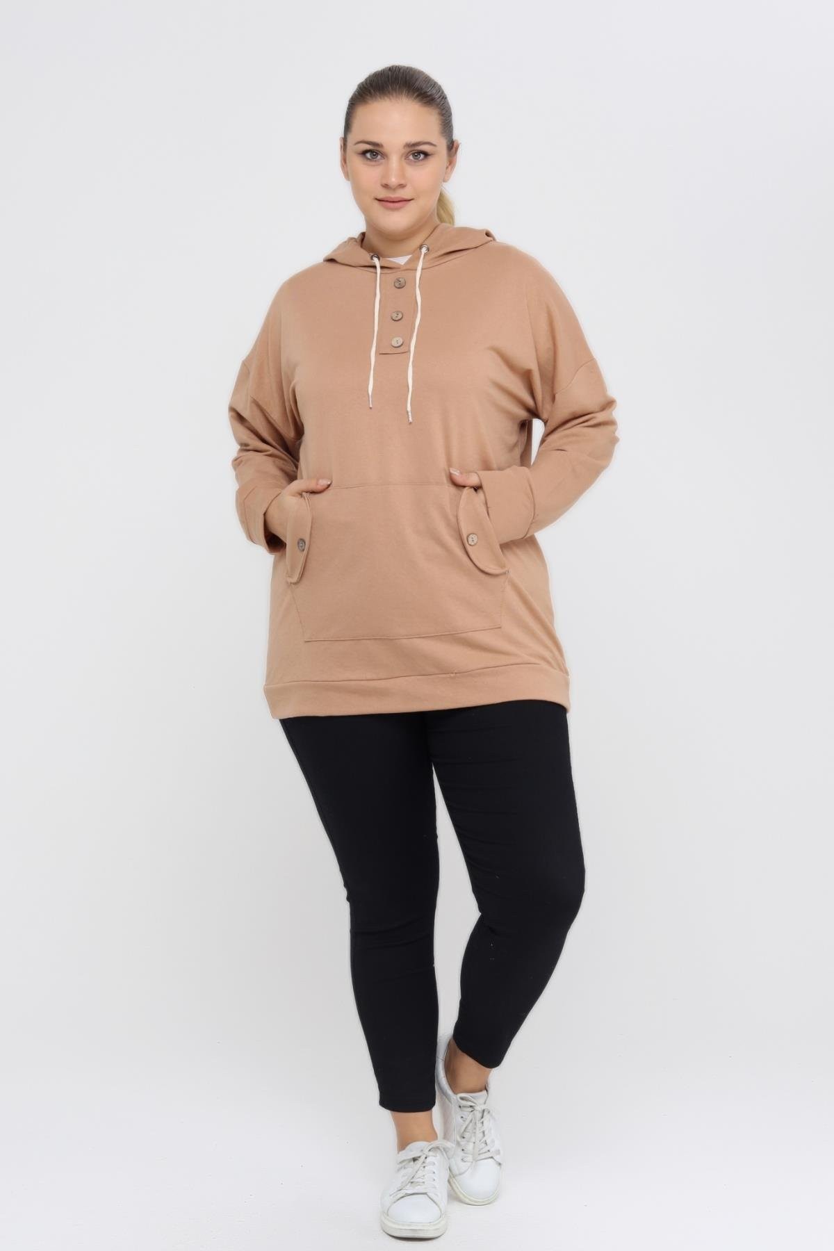 Kapüşonlu Kanguru Cepli Likralı Düğme Detaylı Uzun Hoodie Sweatshirt